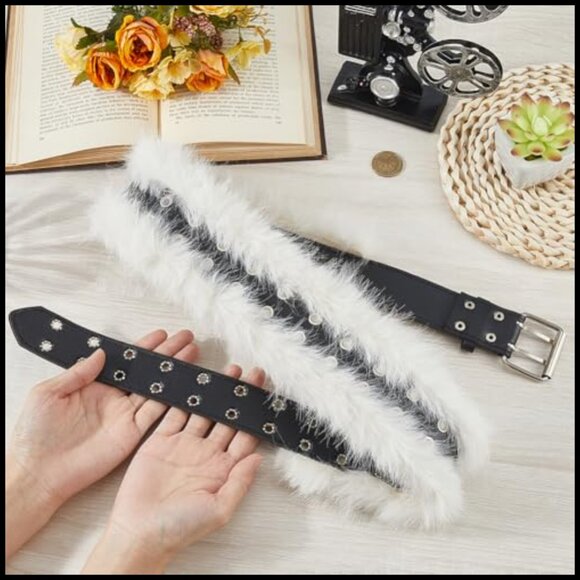 Faux Fur PU Leather Adjustable Waist Belt Y2K Punk Grunge Wide Cinch main image 7